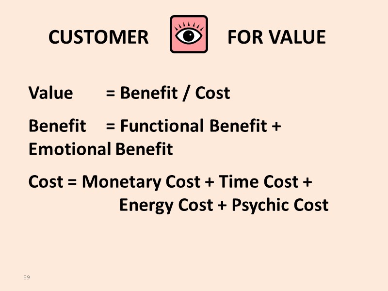 59 Value  = Benefit / Cost Benefit  = Functional Benefit + 